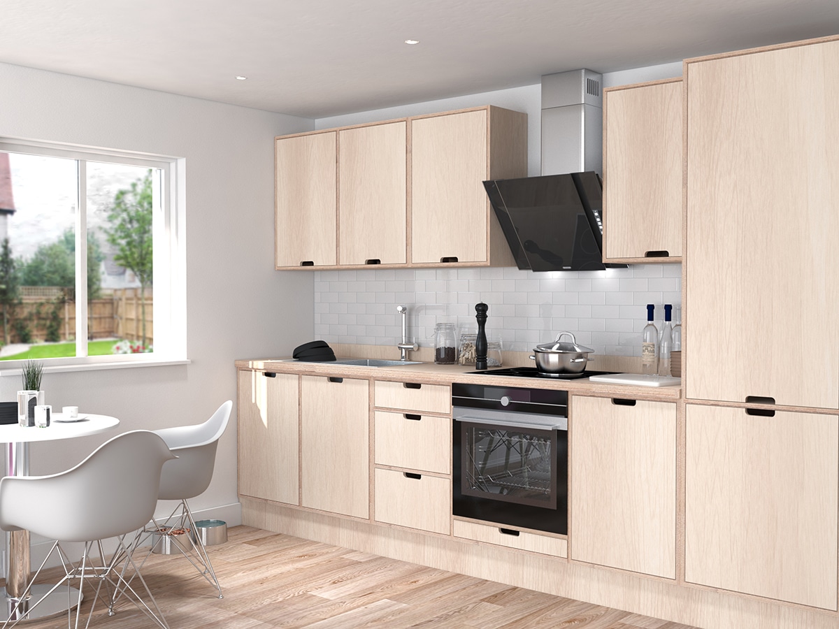 a rendering of a kitchen design made of birch plywood kitchen cabinets with inset doors